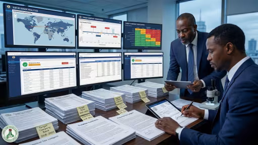Due diligence team crosschecking figures at their office