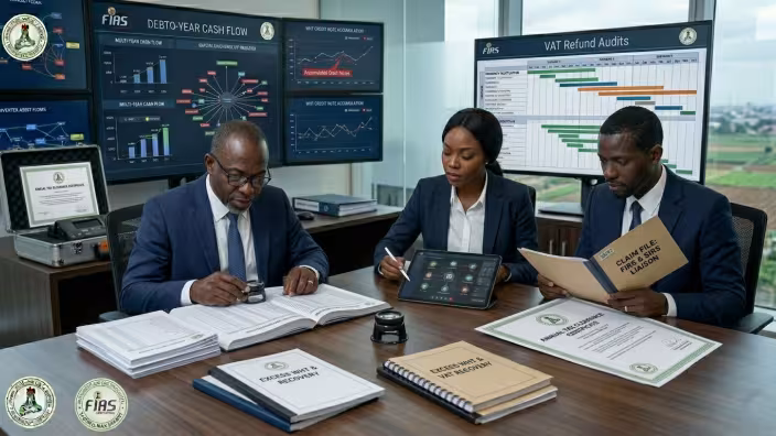 Tax managers cross checking figures at their office