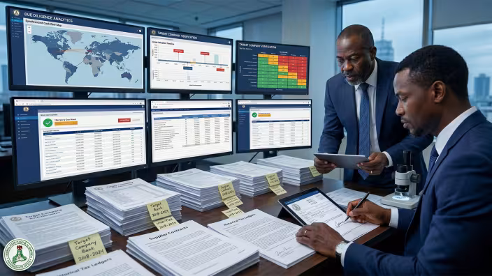 Due diligence team crosschecking figures at their office